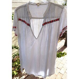 J CREW Women's Blue Striped Embroidered Tunic Size XL Beach Cover Cottagecore